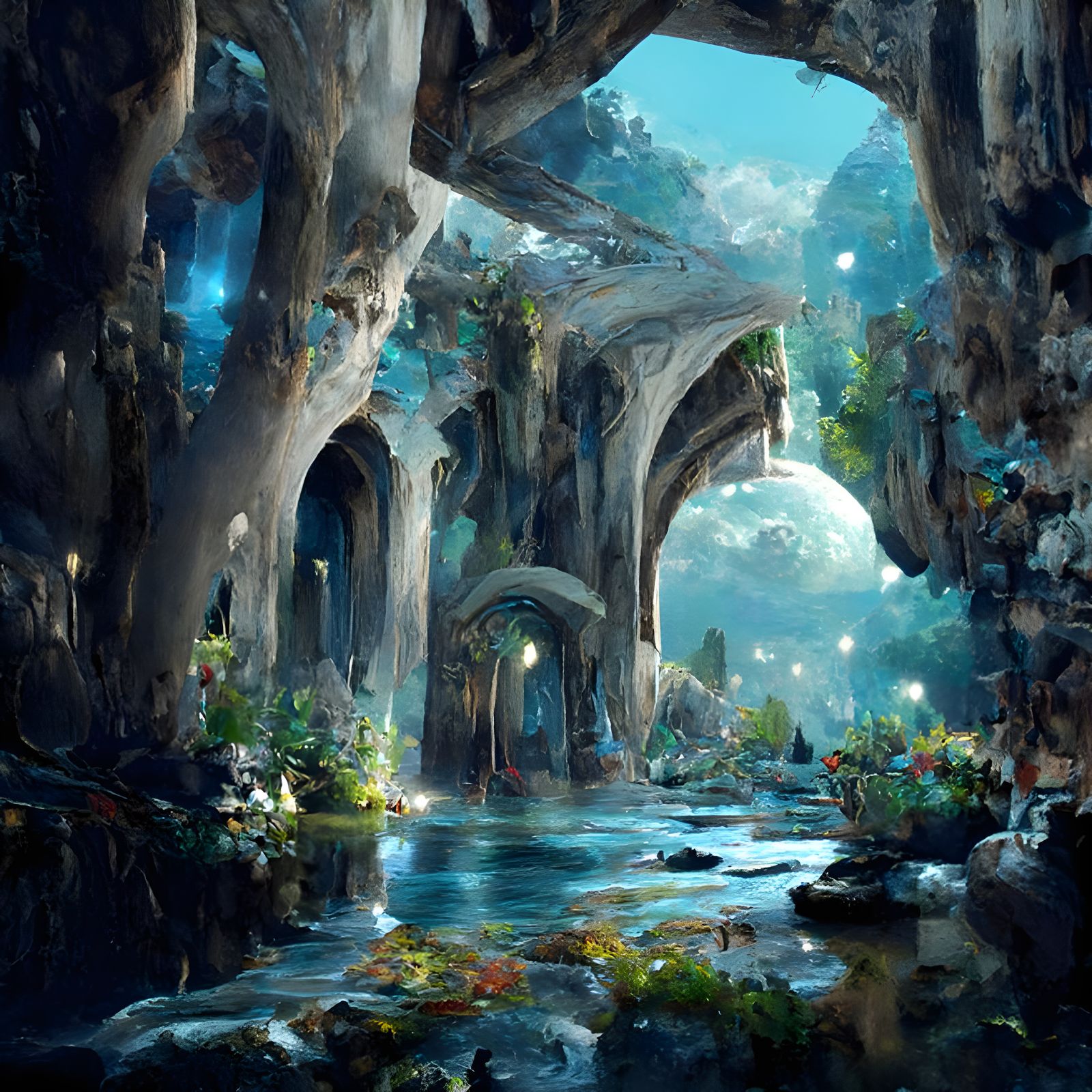 Luminous Underwater Temple Ruins in Fantasy Artwork