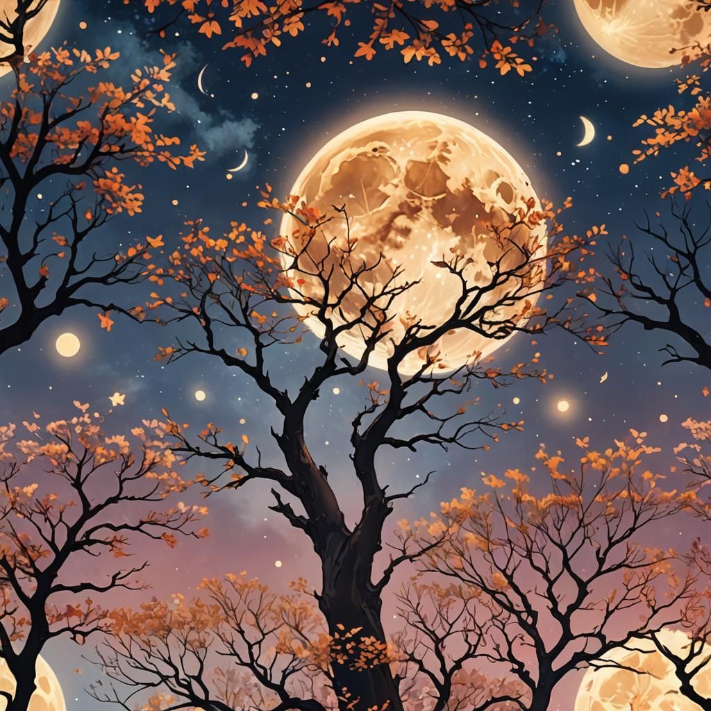 Ghibli-Inspired Anime Full Moon with Twinkling Stars