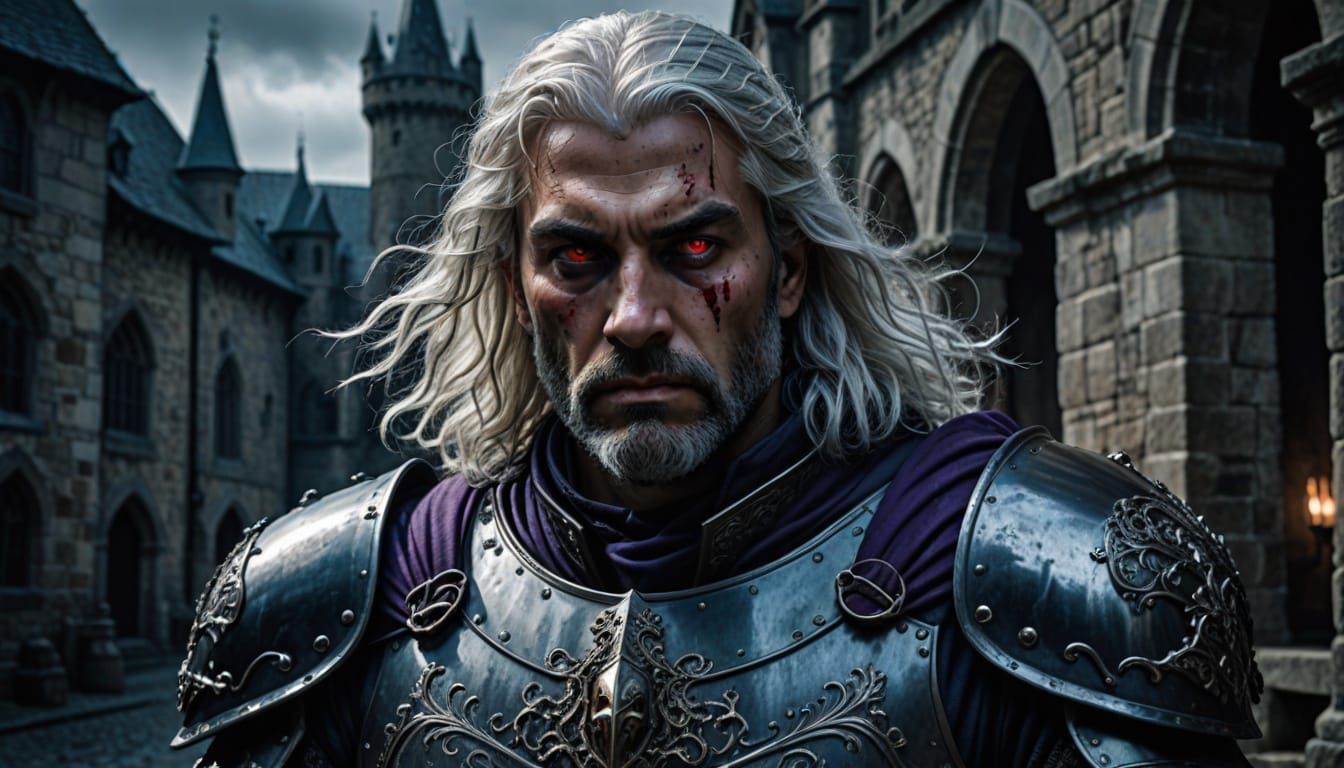 Regal Knight in Dimly Lit Hallway