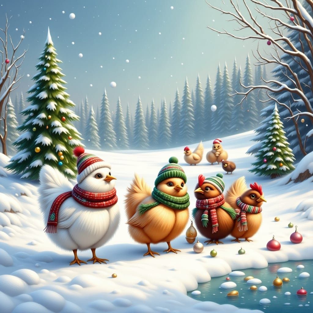 Colorful Chickens in Snowy Christmas Field