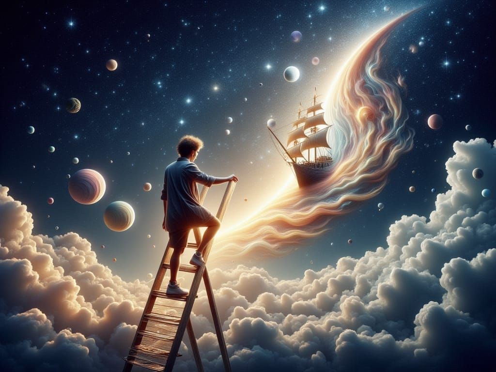 Person Ascends Ladder to Starry Sky with Cloud Ship