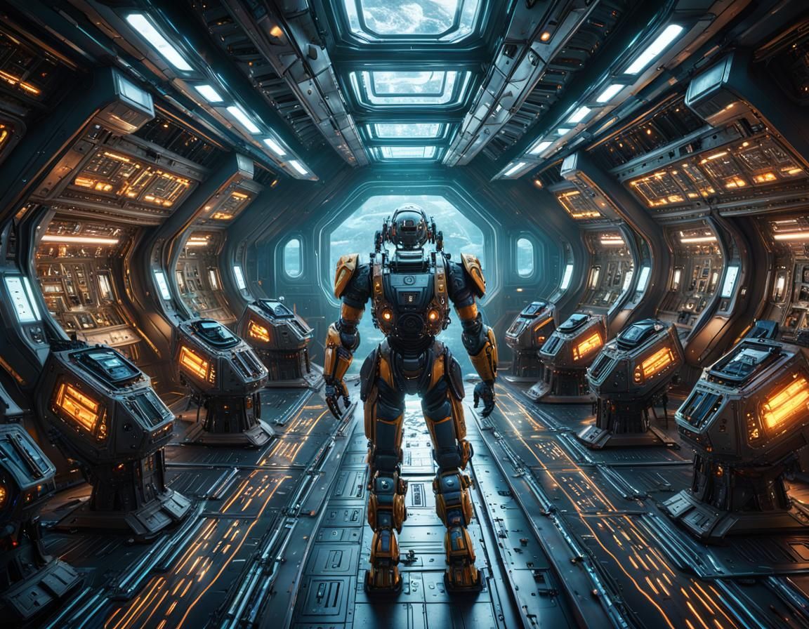 Robot Army on Spaceship: Detailed Matte Painting