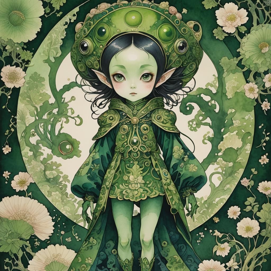 Alien Girl Silhouette in Ukiyo-e Watercolor Style