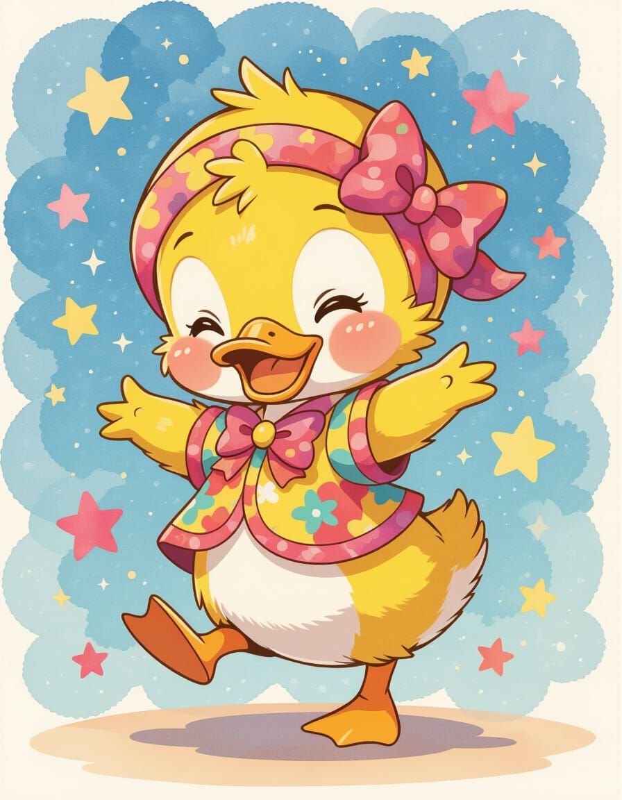 Chibi Duckling's Watercolor Dance: Playful Anime Art