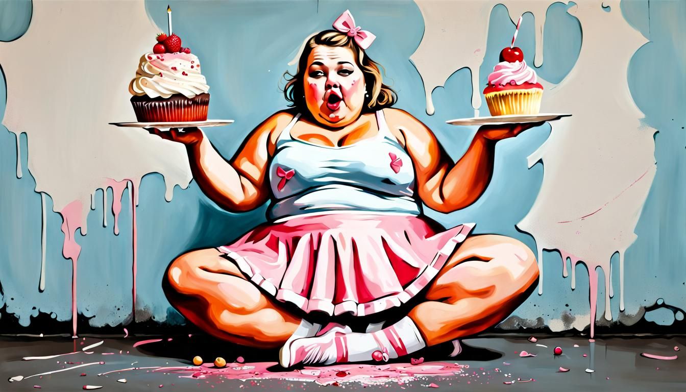 Surreal Ballerina Cheerleader with Cake, Banksy Style