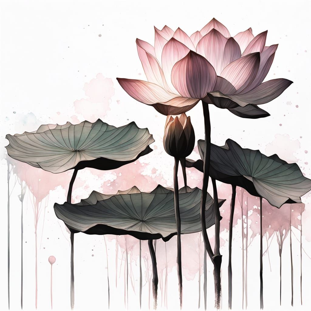 Luminous Pale Pink Lotus Bloom in Hazy Silk Painting