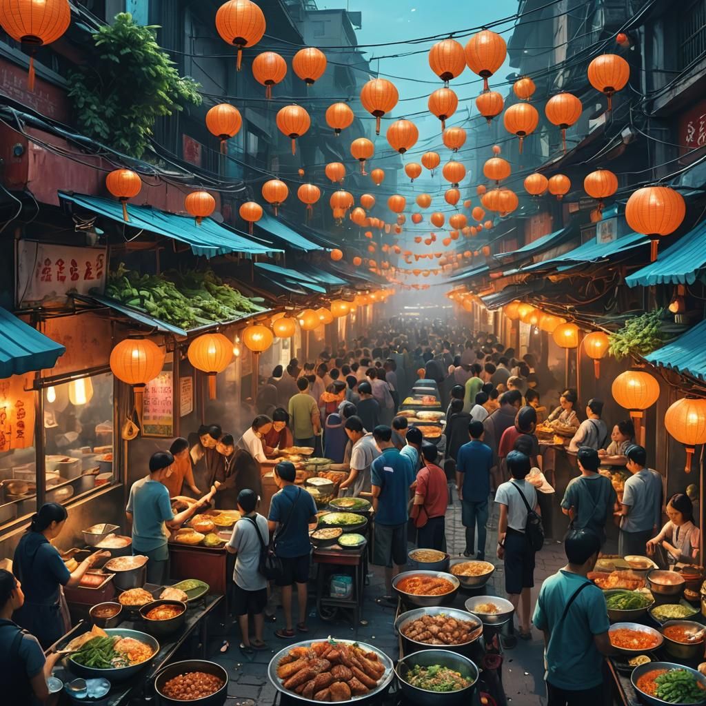Vietnamese Street Food Market in Fantasy Art Style