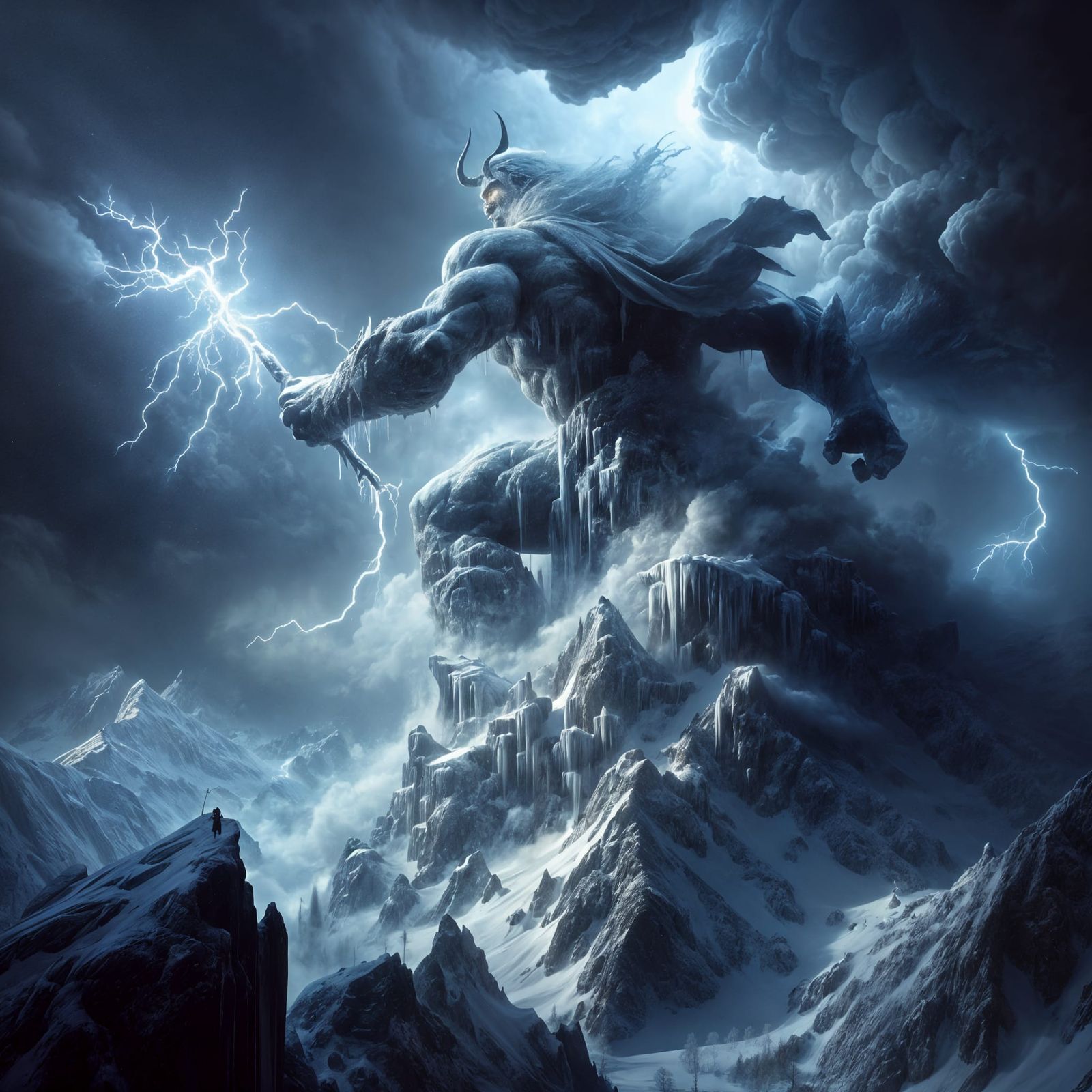 Hyperrealistic Storm Giant Hurls Lightning on Mountaintop