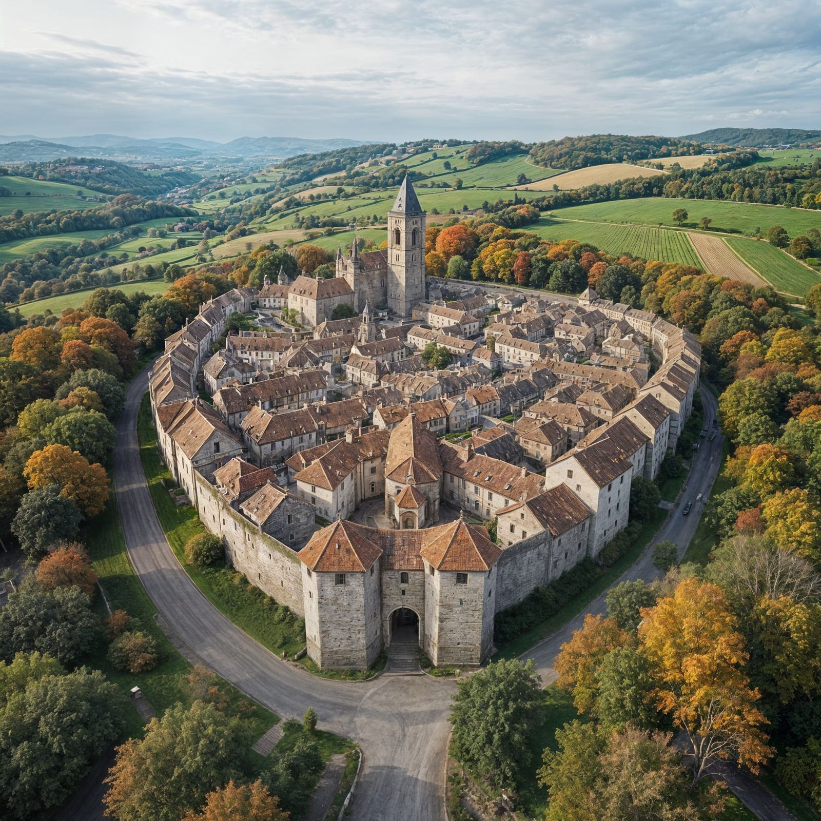 Bird's-Eye View of Walled Medieval City in Autumn