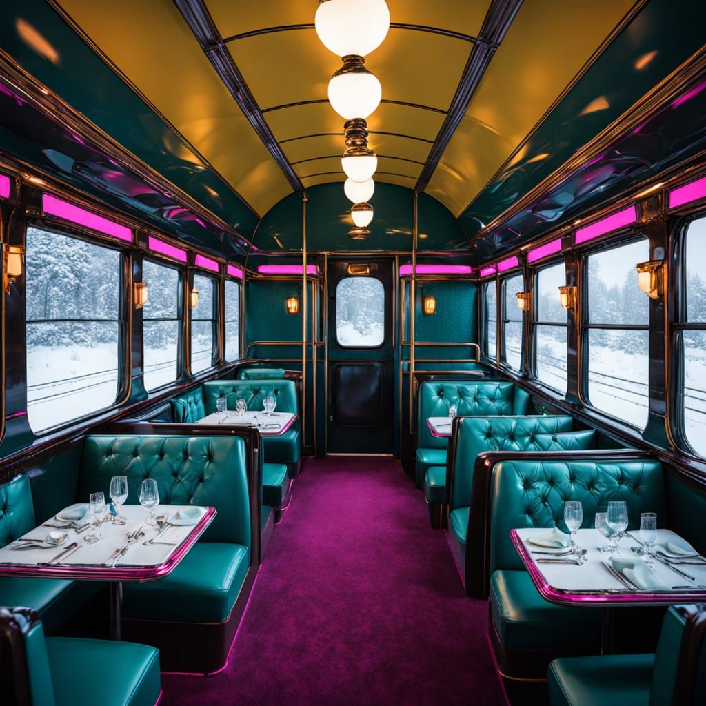 Cozy Train Dining Car Interior with Snowy Views