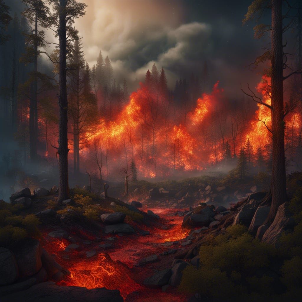 Raging Forest Fire in Detailed Matte Painting Style