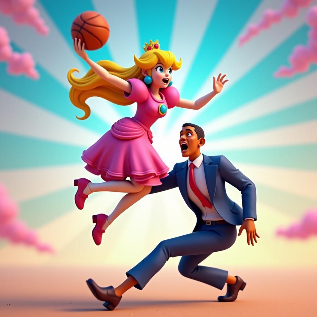 Princess Peach Dunks Over Obama: 3D Digital Art