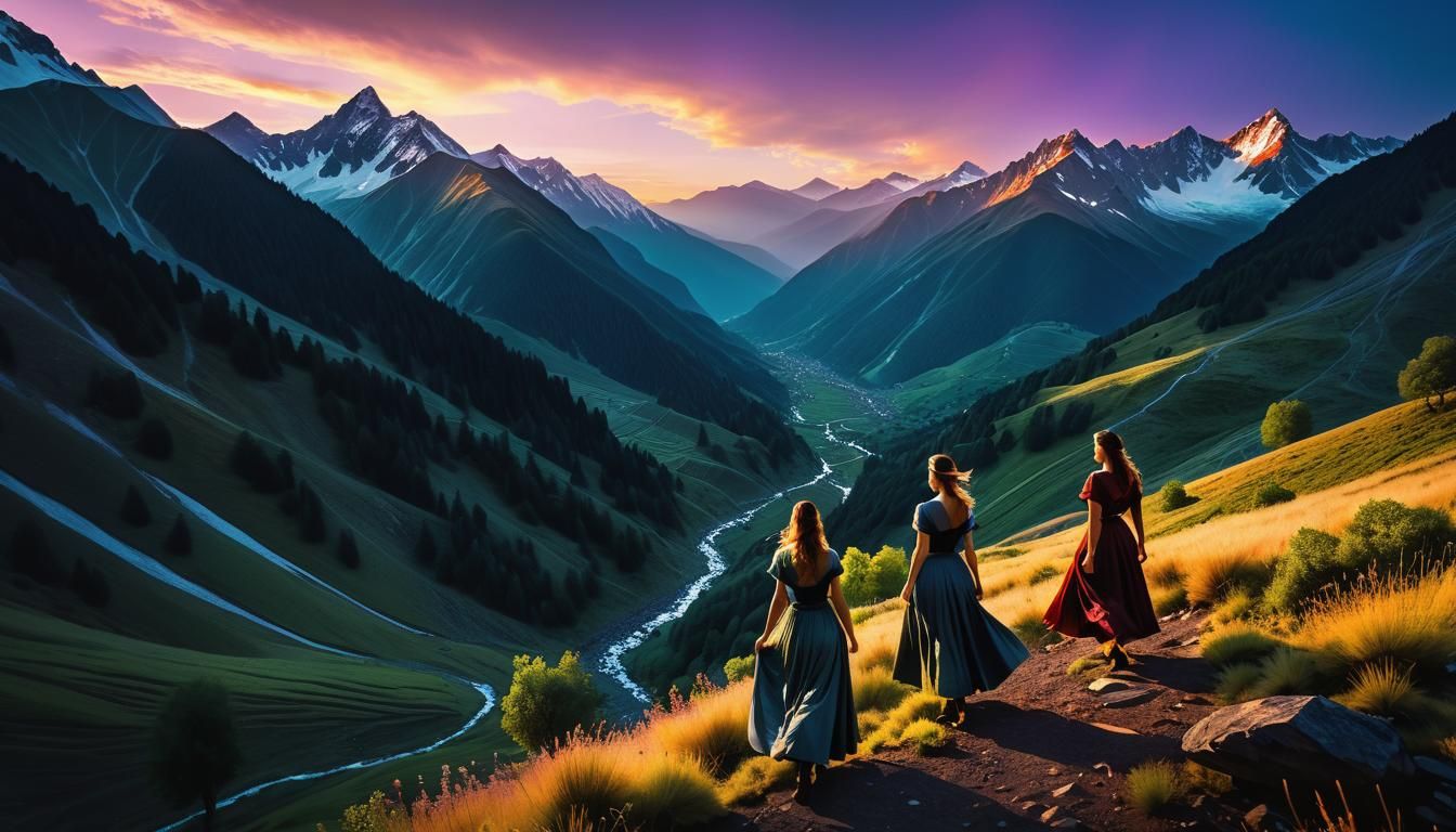 Expressionistic Mountain Scene at Dusk with Women