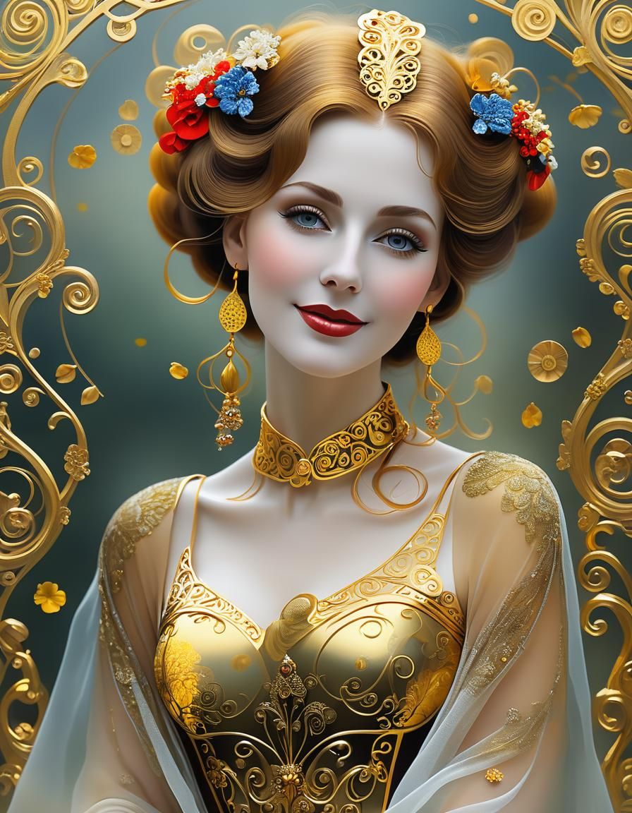 Smiling Lady with Gold Filigree: Klimt-Inspired 3D Art