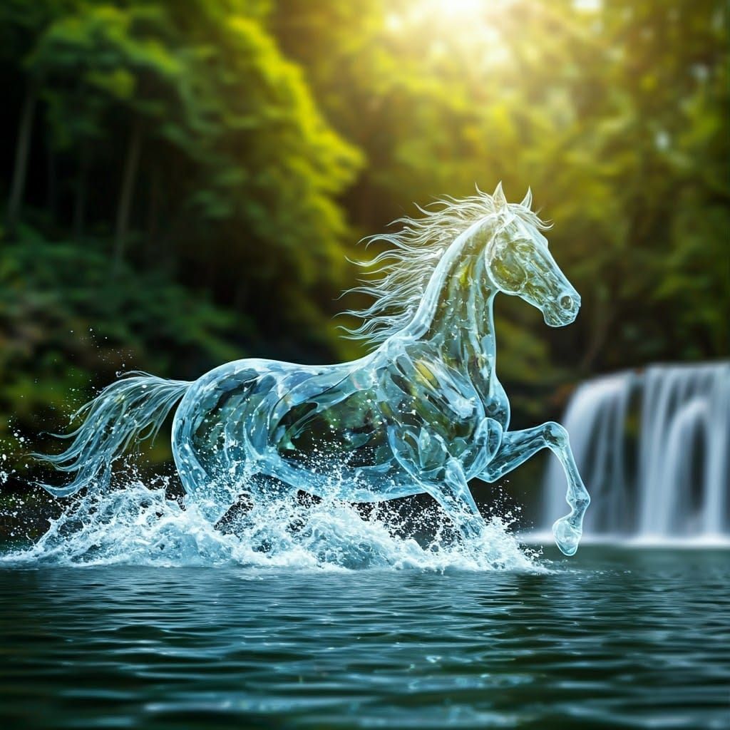 Ethereal Horses Emerge from Roaring Waterfall