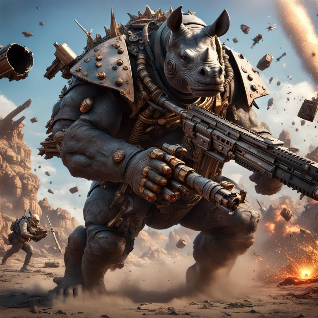 rhinoceros cyborg armor attached machine gun war ancient planes falling and exploding hammer-headed giants 8k realistic ...