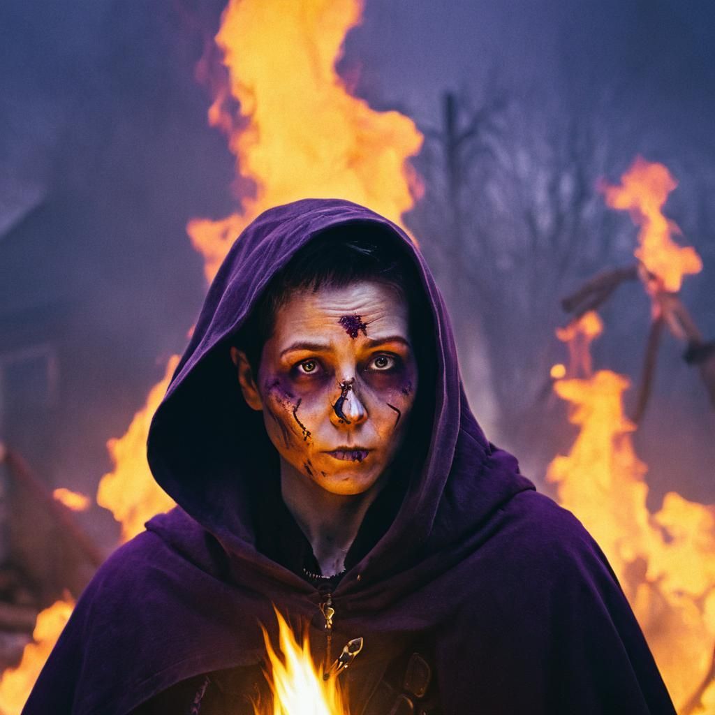 Epic Purple Cloak Warrior Battles Inferno in a Burning Villa...