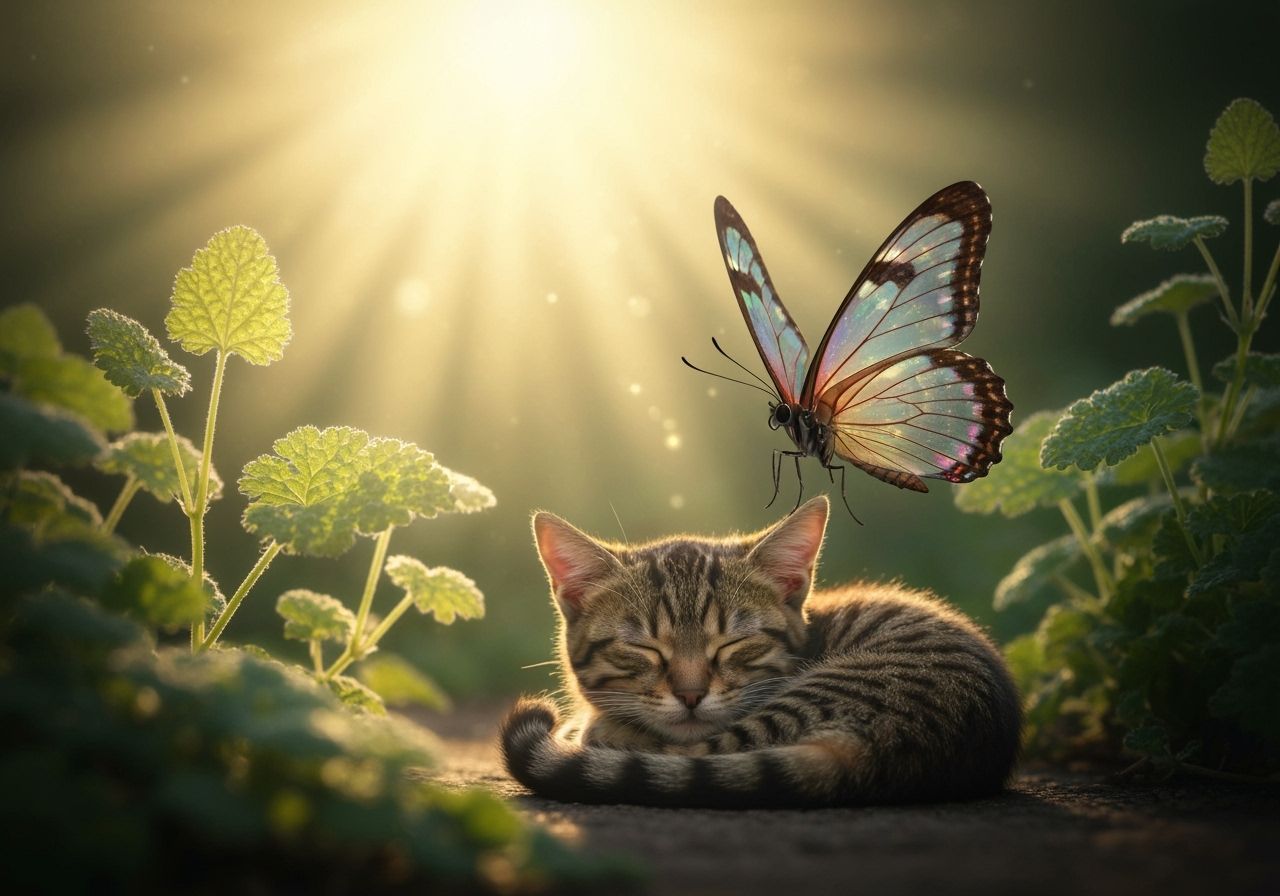 Iridescent Butterfly & Sleepy Cat in Soft Morning Light