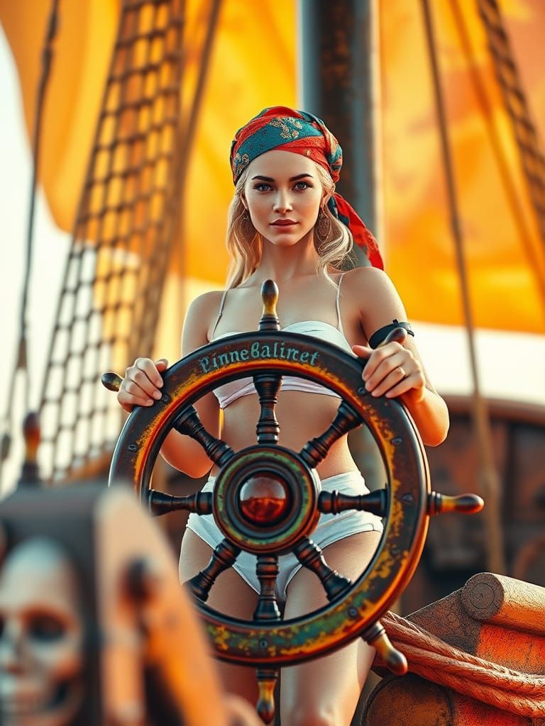 Pirate Ship Helm: Blonde Woman in Dreamy 5D Art