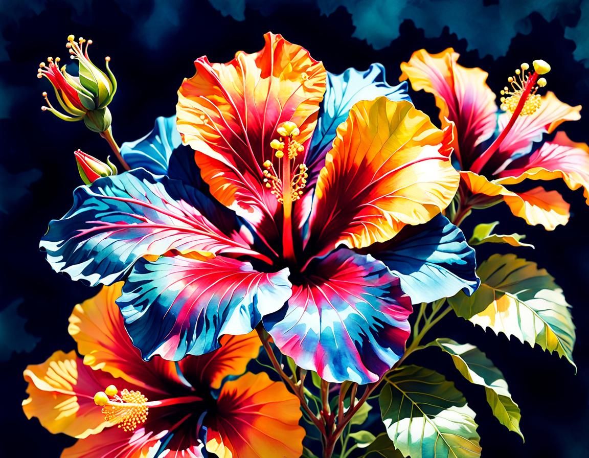 Vibrant Tropical Hibiscus in Alcohol Ink Style