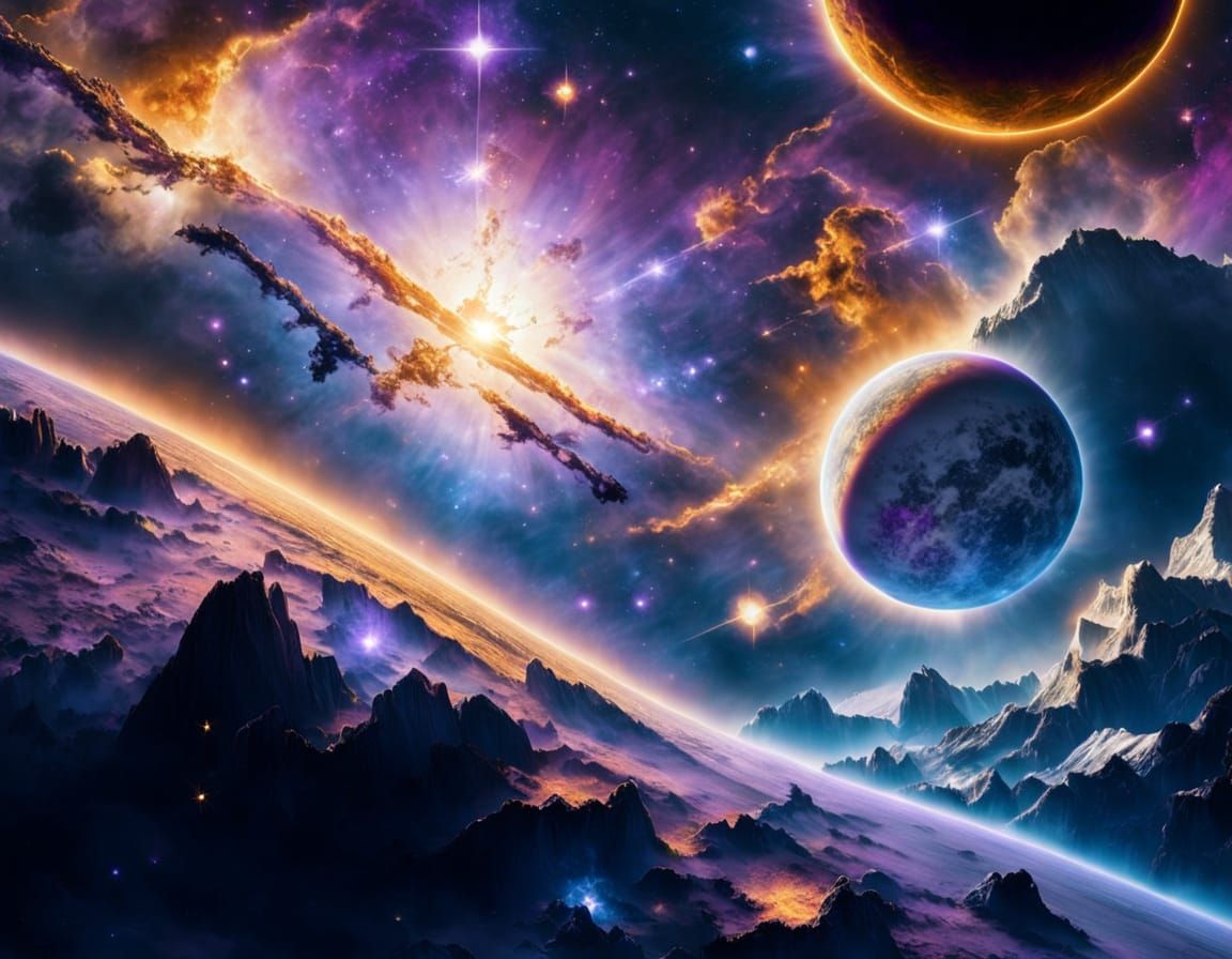 Vibrant Cosmic Nebula with Golden Sun