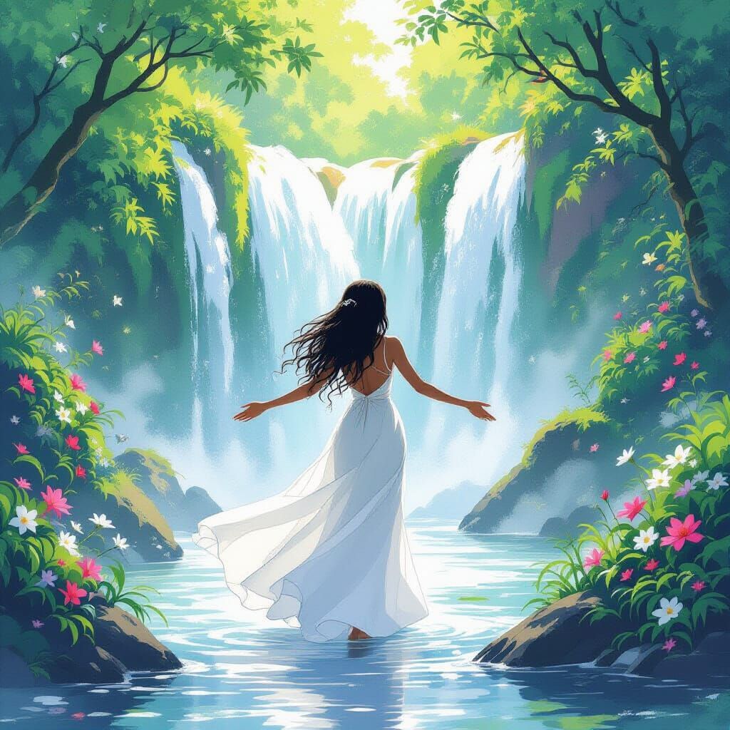 Woman at Waterfall in Dreamlike Watercolor Style
