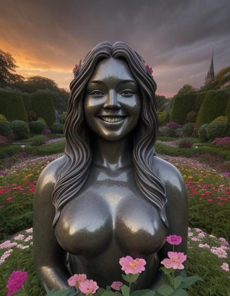 Granite Sculpture of Woman in Sunset Garden