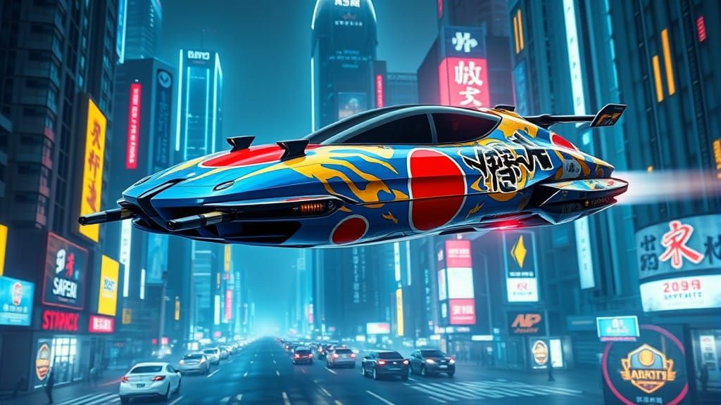 photo of a sporty looking future hover-speeder floating in mid-air 3 feet above the ground. covered in Japanese symbols....