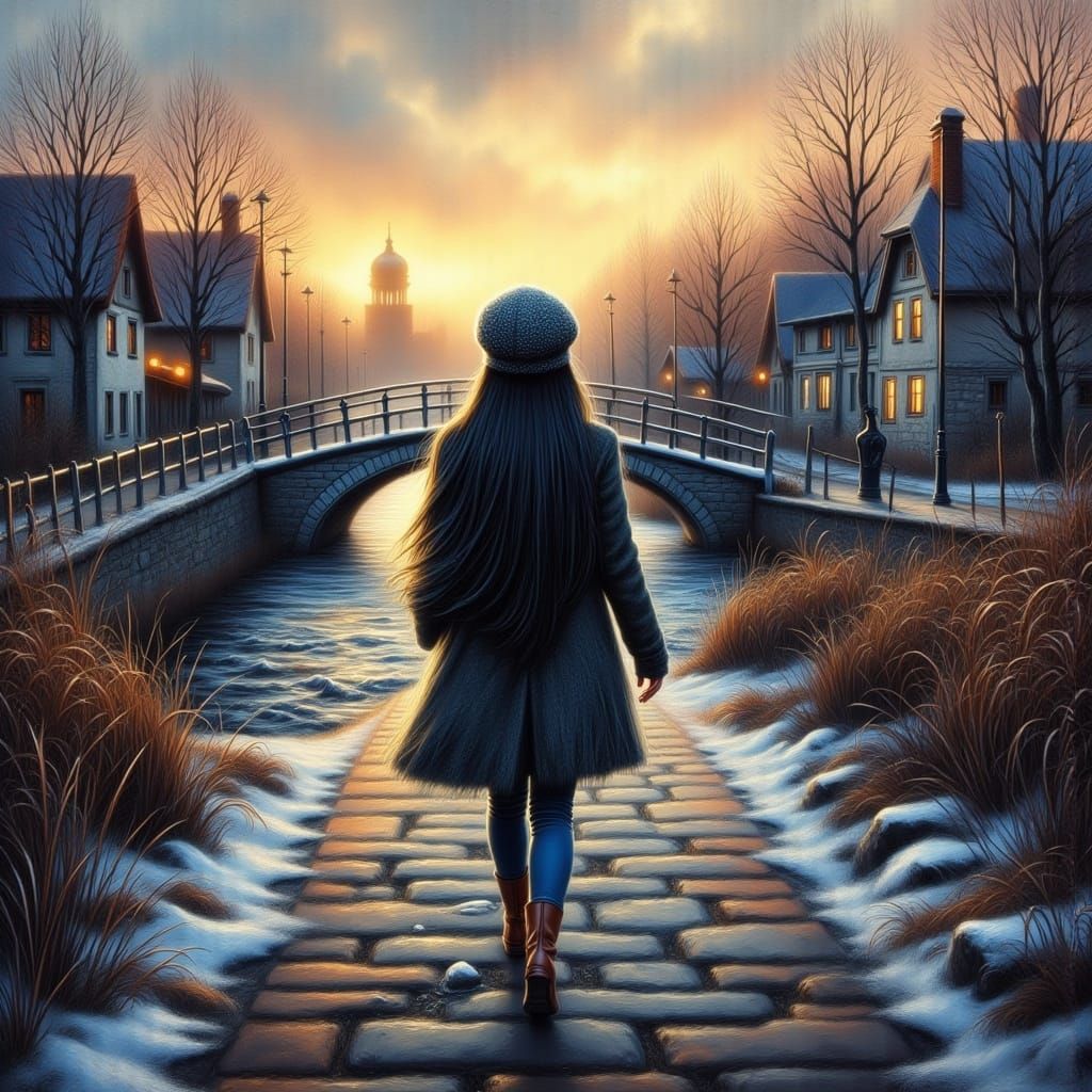Woman in Winter Clothes on Rustic Street, Surreal Oil Painti...