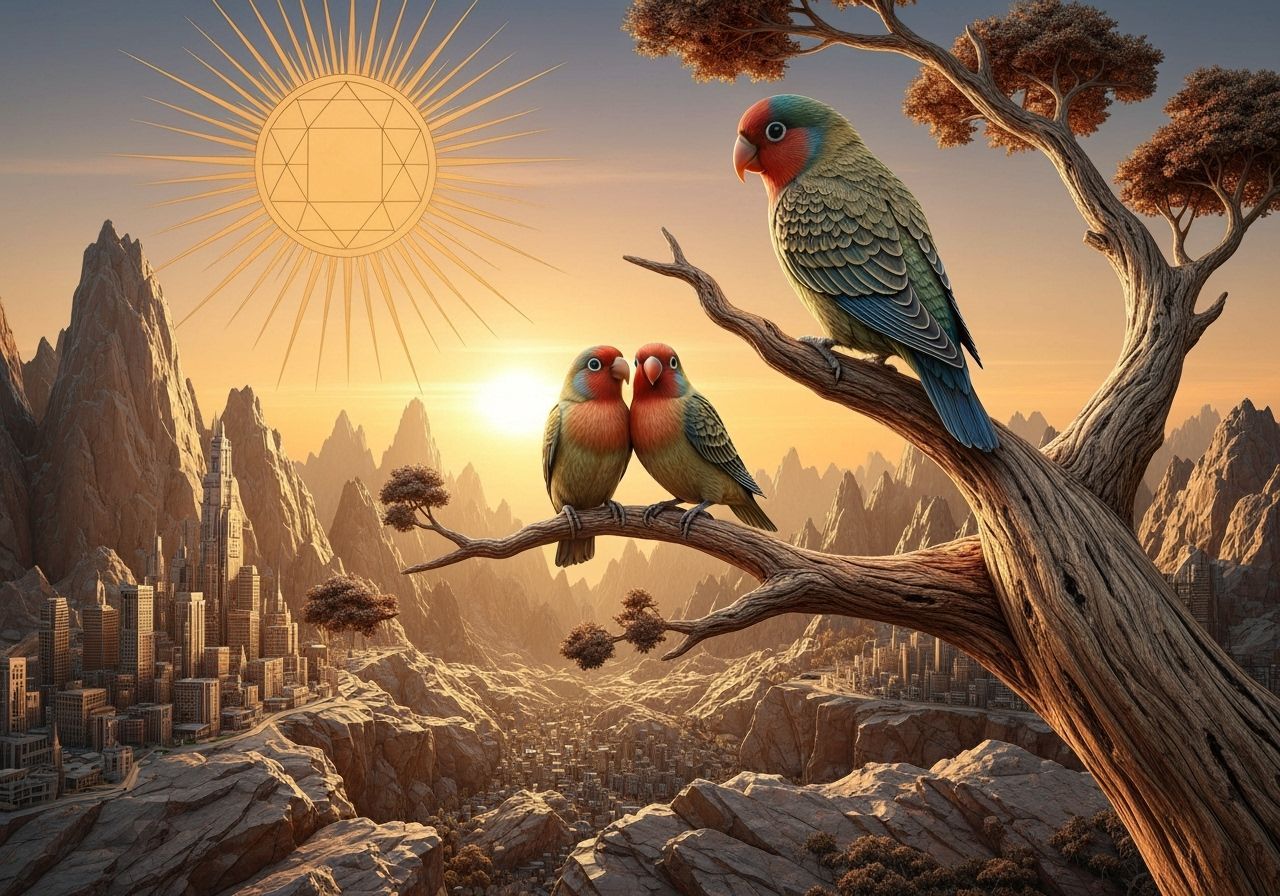 Detailed Wooden Carving of Lovebirds at Sunset