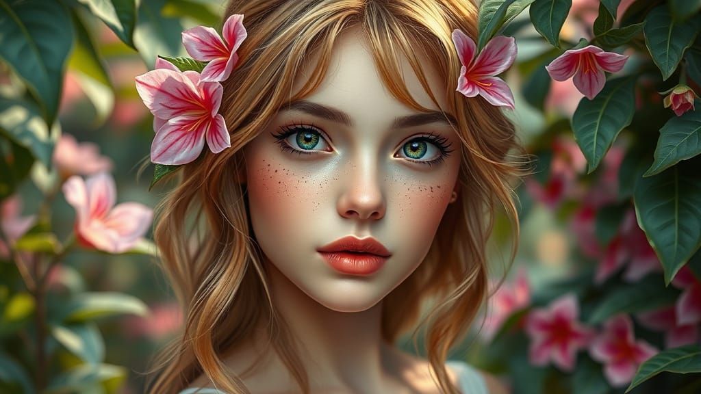 Young Woman with Flowers: Matte Painting Portrait