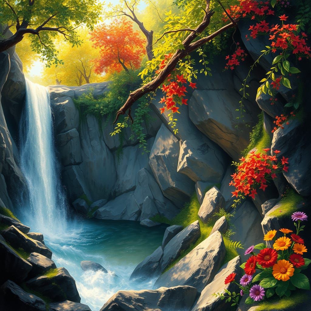 Serene Waterfall in Vibrant Green Landscape