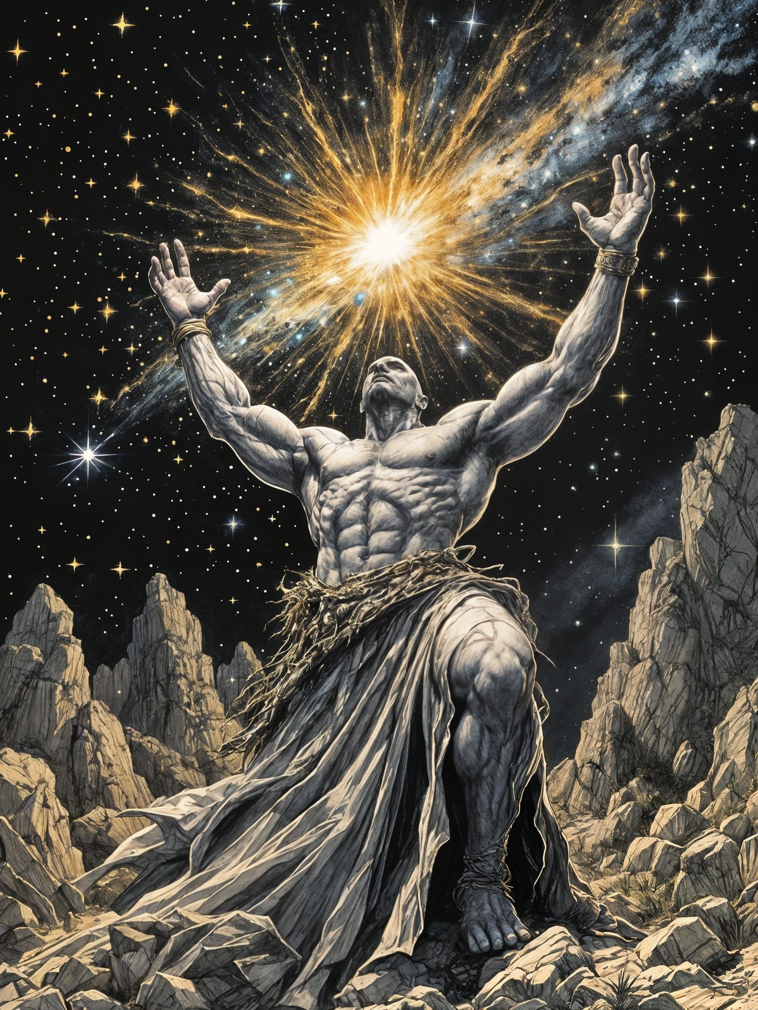 Goliath Cleric Stands Amidst a Nova in a Starry Night