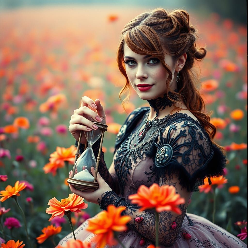 Woman in Gothic Gown in Flower Field