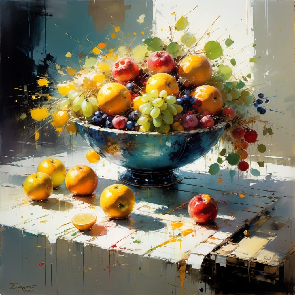 Vibrant Still Life Painting of a Fruit Bowl in Sunny Light