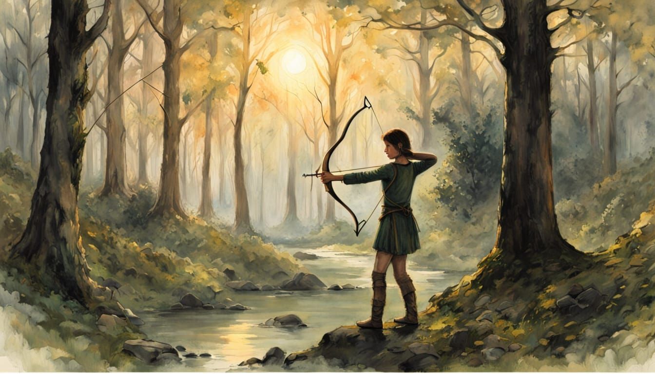 Watercolor Archer in Gothic Forest at Dusk
