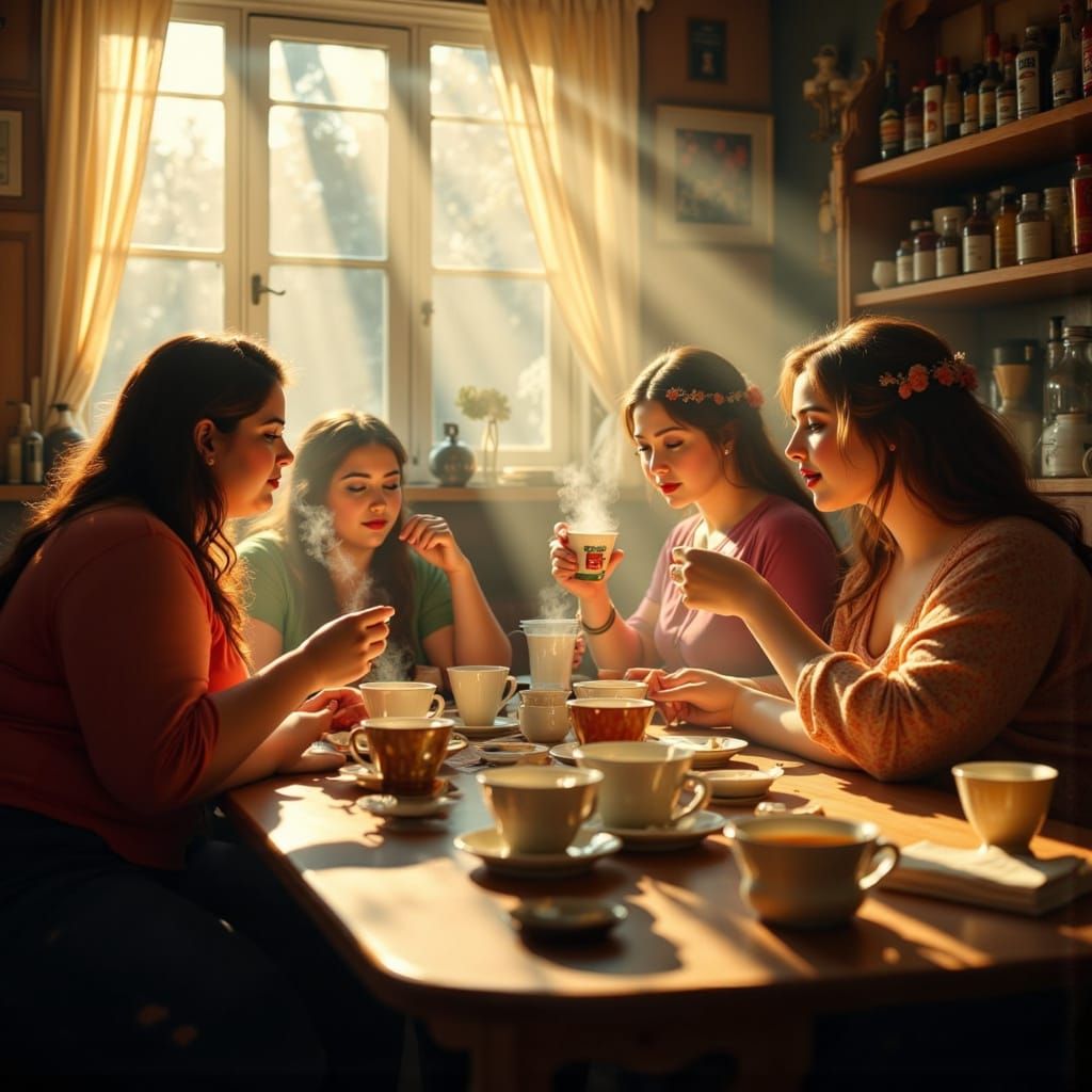 Intimate Morning Moment: Plus-Sized Women Enjoy Coffee Toget...