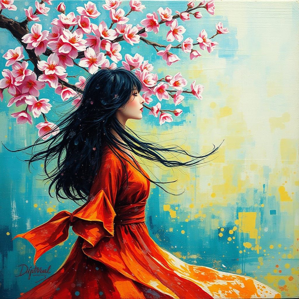 Sakura Blossom Painting with Woman in Wind