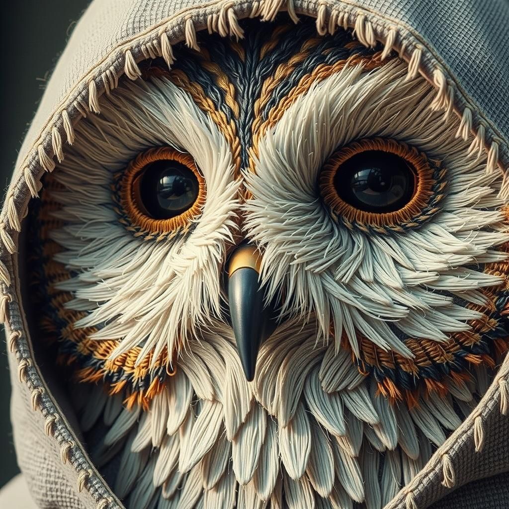 Hand-Embroidered Owl in Hoodie: 8K Hyperrealism