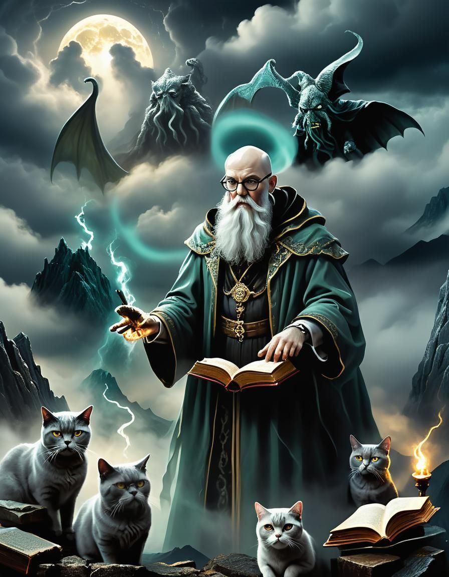 Baroque Warlock Casting Spell on Stormy Mountain