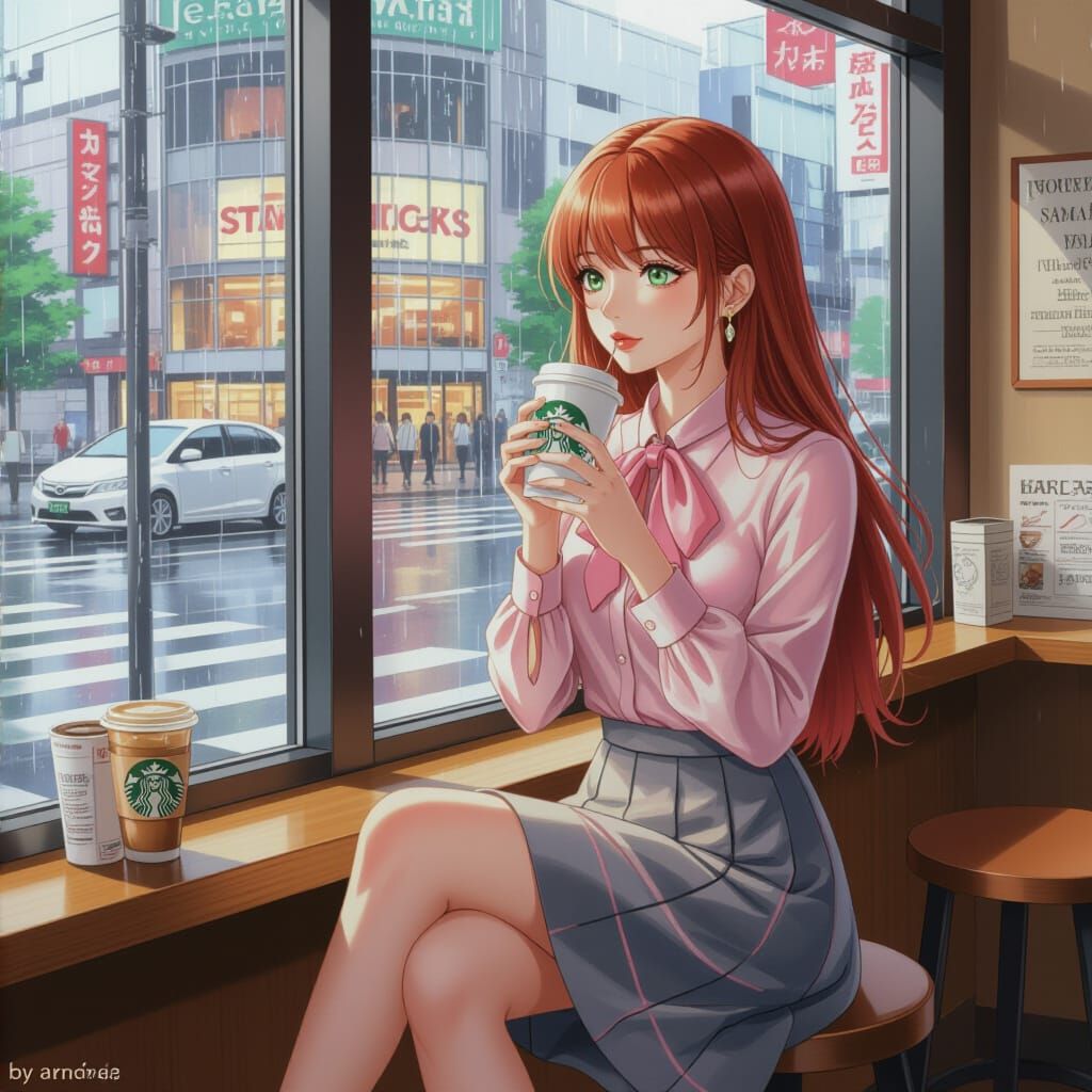 Rainy Morning in Shibuya: Anime-Style Fashion Sketch