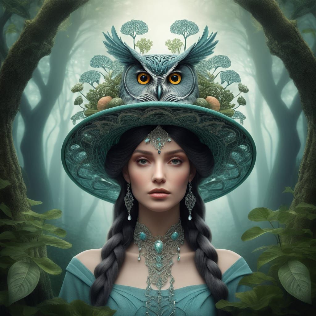 Whimsical Owl in Art Nouveau Hat on Bioluminescent Mushroom