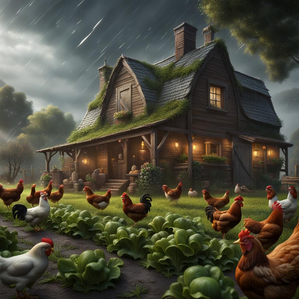 Farmhouse Scene with Animals on a Rainy Day