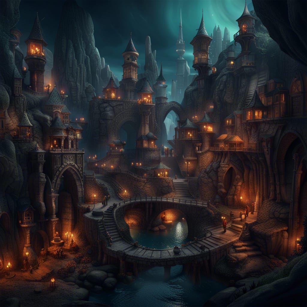 Fantastical Underground City with Torches and Fountains
