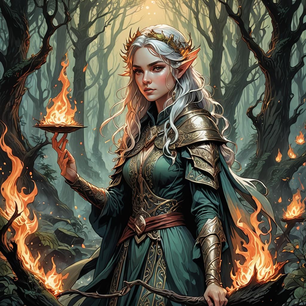Elf Mage in Forest, Retro D&D Style