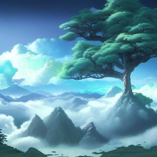 Mystical Mountain Shrine Under Starry Midnight Sky