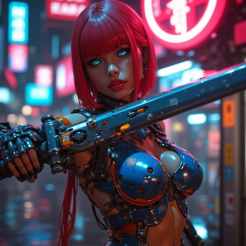 Cyberpunk Gynoid Warrior in Matte Painting Style