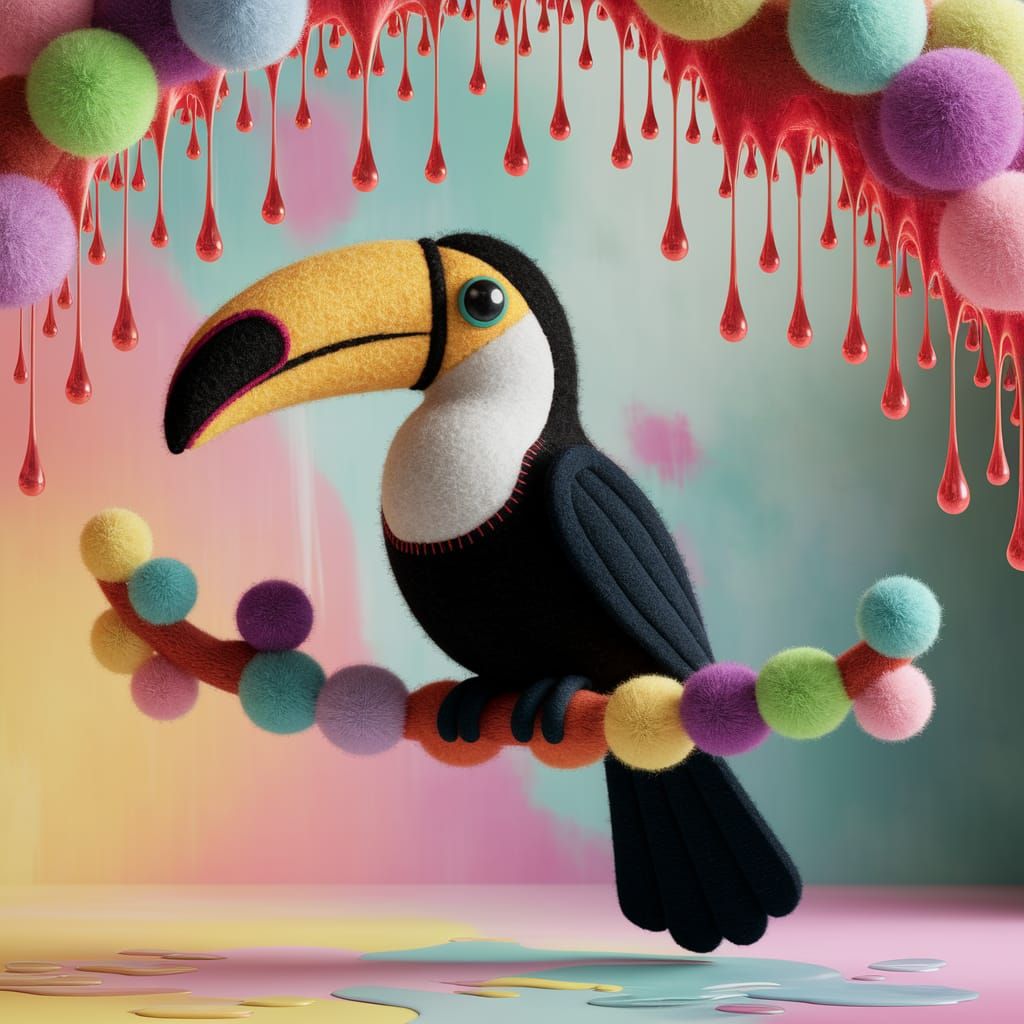 Whimsical Needle-Felted Toucan with Pom-Poms, Playful Art