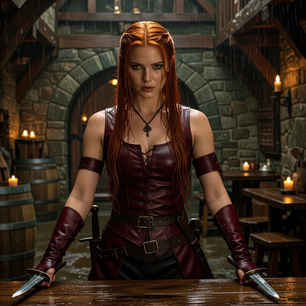 Warrior Woman in Medieval Tavern, Ready to Fight