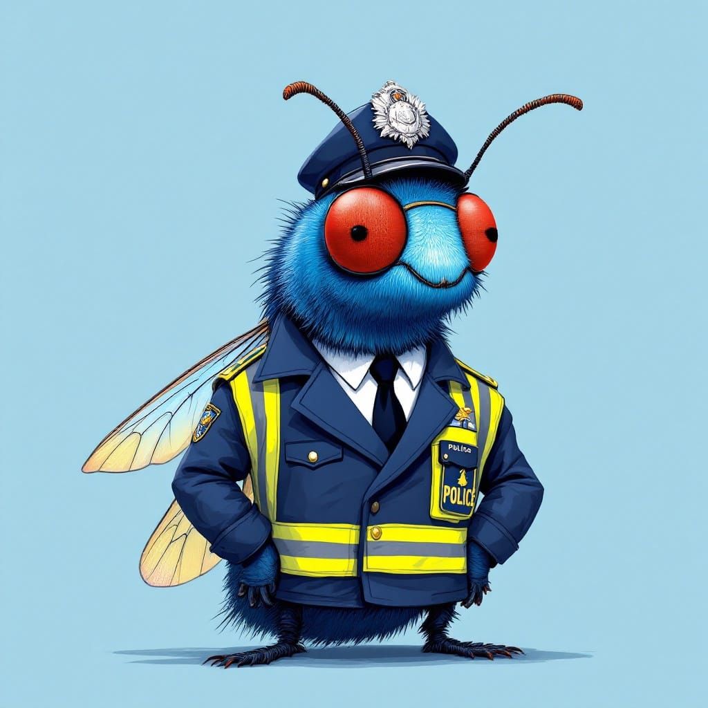Whimsical Policeman Bluebottle Fly in Metallic Blue Exoskele...